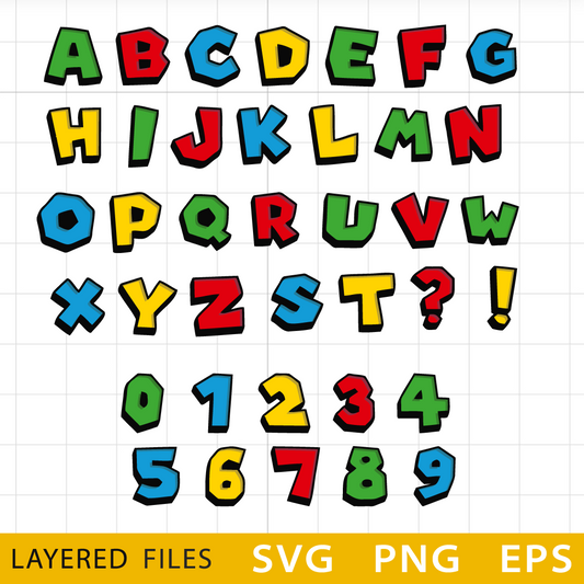 Layered Super Mario Alphabet SVG, Mario Font PNG, Cricut Numbers SVG